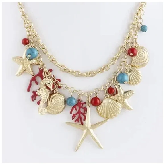 Layered Gold Coral Seashell Necklace - Picture 2 of 7